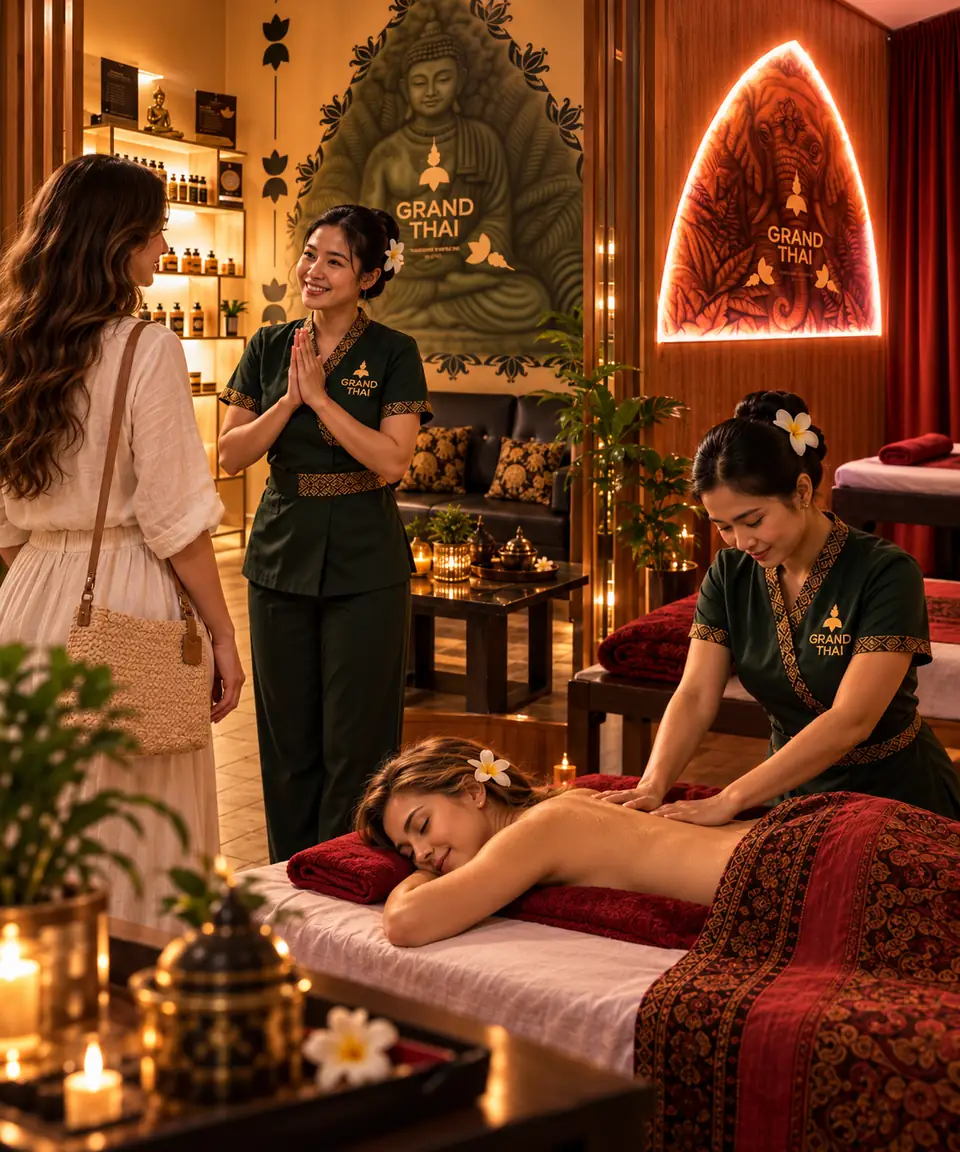 Иллюстрация встречи гостя и тайского массажа в GRANDTHAI